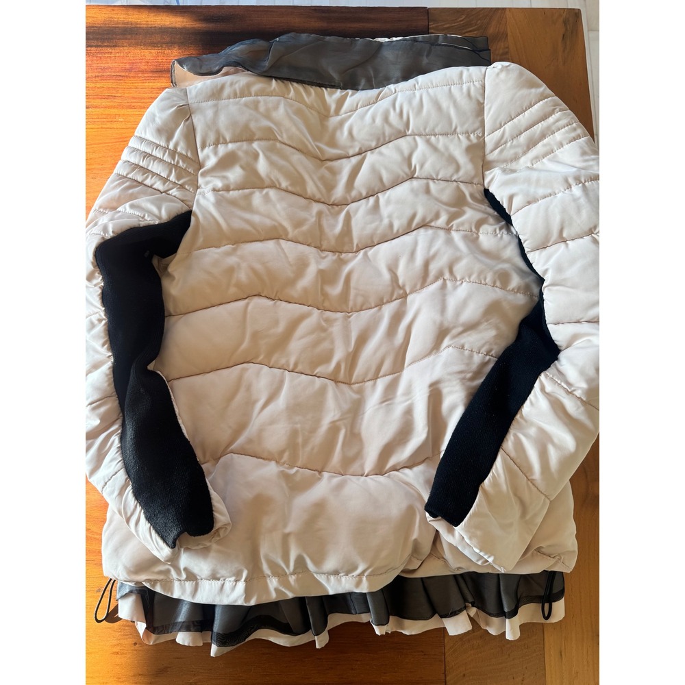 Korean Label Quilted Puffer Jacket Womn M Cream Black Ruffle Hem Y2K Cottagecore